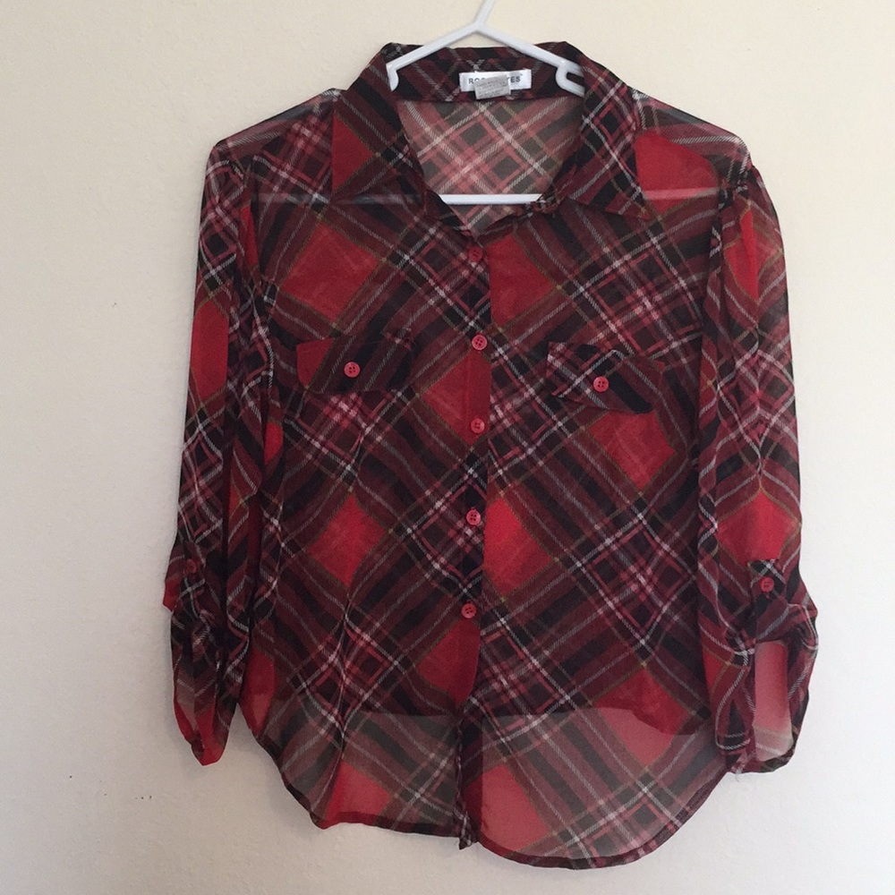 Red plaid button down mesh goth